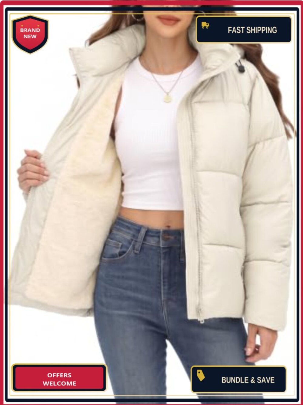 Women's Cropped Puffer Jacket Water-Resistant Winter Coat